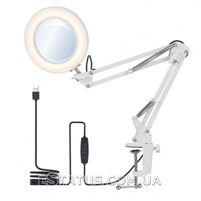 Настольная лампа-лупа с 5Х увеличительным стеклом, питание от USB (белая)