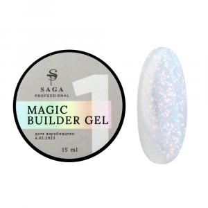 Гель для наращивания Saga Professional Magic Builder Gel 01 (молочный с цветными хлопьями потали), 15 мл