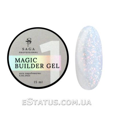 Гель для наращивания Saga Professional Magic Builder Gel 01 (молочный с цветными хлопьями потали), 15 мл