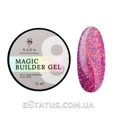 Гель для нарощування Saga Professional Magic Builder Gel 08 (фуксія з кольоровими пластівцями поталі), 15 мл