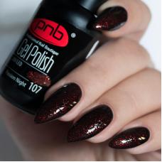Гель лак PNB №107 (насыщенный черно-бордовый, с мелкими рубиново-красными блестками)