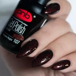 Гель лак PNB №107 (насыщенный черно-бордовый, с мелкими рубиново-красными блестками)