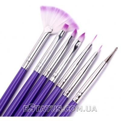 Набор кистей для дизайна ногтей (фиолетовая ручка), 7шт.